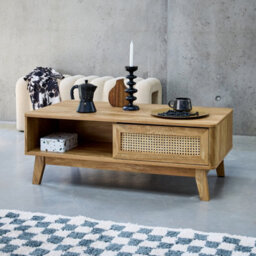 Sweeek - Coffee Table With 2 Niches 1 Sliding Door Wood And Cane Effect Eucalyptus Legs - thumbnail 4