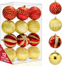 Pelle & Sol Christmas Baubles Set -12 Pcs, 8 Cm - Red & Gold Shatterproof Lightweight Tree Decorations With Hanging Strings - thumbnail 1