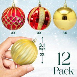 Pelle & Sol Christmas Baubles Set -12 Pcs, 8 Cm - Red & Gold Shatterproof Lightweight Tree Decorations With Hanging Strings - thumbnail 3