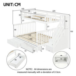 Btm Bunk Beds For Kids, Double High Sleeper Bed With Guardrail And Storage Drawers, Children Cabin Bed With Stairs, White - thumbnail 8