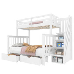 Btm Bunk Beds For Kids, Double High Sleeper Bed With Guardrail And Storage Drawers, Children Cabin Bed With Stairs, White - thumbnail 9