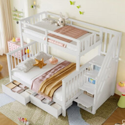 Btm Bunk Beds For Kids, Double High Sleeper Bed With Guardrail And Storage Drawers, Children Cabin Bed With Stairs, White - thumbnail 3
