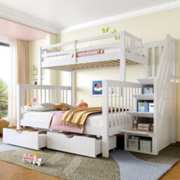 Btm Bunk Beds For Kids, Double High Sleeper Bed With Guardrail And Storage Drawers, Children Cabin Bed With Stairs, White - thumbnail 2
