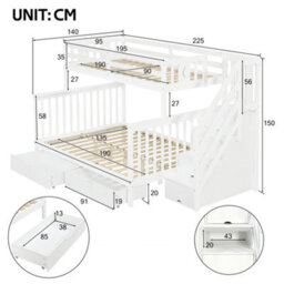 Btm Bunk Beds For Kids, Double High Sleeper Bed With Guardrail And Storage Drawers, Children Cabin Bed With Stairs, White - thumbnail 7