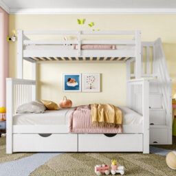 Btm Bunk Beds For Kids, Double High Sleeper Bed With Guardrail And Storage Drawers, Children Cabin Bed With Stairs, White - thumbnail 4