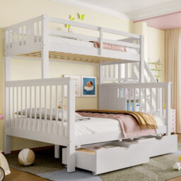 Btm Bunk Beds For Kids, Double High Sleeper Bed With Guardrail And Storage Drawers, Children Cabin Bed With Stairs, White - thumbnail 1