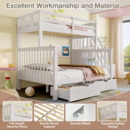Btm Bunk Beds For Kids, Double High Sleeper Bed With Guardrail And Storage Drawers, Children Cabin Bed With Stairs, White - thumbnail 6