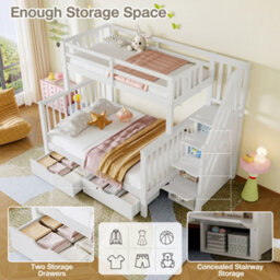Btm Bunk Beds For Kids, Double High Sleeper Bed With Guardrail And Storage Drawers, Children Cabin Bed With Stairs, White - thumbnail 5