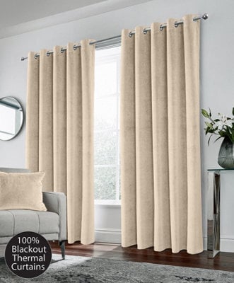 Luxury Enhanced Living Cream Velvet, Supersoft, 100% Blackout, Thermal Pair Of Curtains With Eyelet Top - 66 X 90 Inch (168X229Cm) - image 1