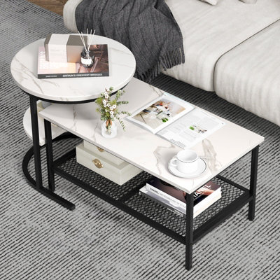 Costway Set Of 2 Coffee Nesting Table Set Detachable 2-Tier Sofa Side Table Faux Marble - image 1