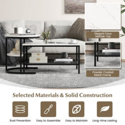 Costway Set Of 2 Coffee Nesting Table Set Detachable 2-Tier Sofa Side Table Faux Marble - thumbnail 8