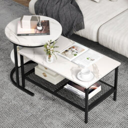 Costway Set Of 2 Coffee Nesting Table Set Detachable 2-Tier Sofa Side Table Faux Marble - thumbnail 1