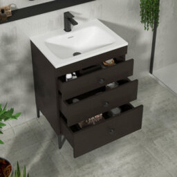 Royal Bathrooms Royal Bathroom Verona 600mm Walnut Woodgrain 3-Drawer Floor Standing Bathroom Vanity Unit With Stone Basin & Matt Black Knob - thumbnail 5
