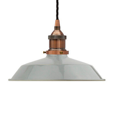 French Grey Small Trinity Metal Painted Dome Pendant Light With Antique Copper Lamp Holder And Black Twisted Cable - Se Home - image 1