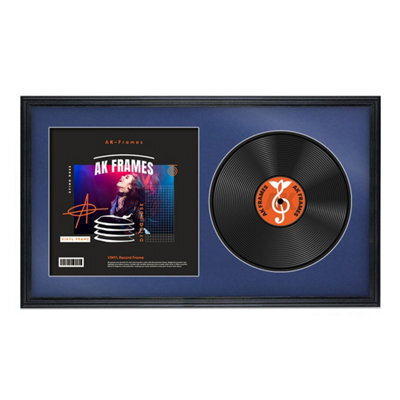 "30X17"" Black Classic Vinyl Record Frame With Blue Mount For 12 Inch Lp Album Cover & Disc - Ak Frames" - image 1