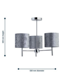 First Choice Lighting Brea - Chrome 3 Light Fitting With Grey Crushed Velvet Shades - thumbnail 5