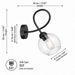 Luminosa Lighting Luminosa Lyra Wall Lamp Black Transparent Glass Shade 1X E27 - thumbnail 4
