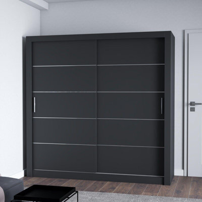 Fhi Lexiss 203Cm Black Modern Sliding Door Wardrobe Bedroom Storage With Shelves & Hanging Rail - image 1