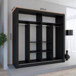 Fhi Lexiss 203Cm Black Modern Sliding Door Wardrobe Bedroom Storage With Shelves & Hanging Rail - thumbnail 2