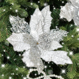 Melody Maison Set Of 3 Silver Oil Effect Poinsettia Pick Christmas Decorations - 29Cm - thumbnail 2