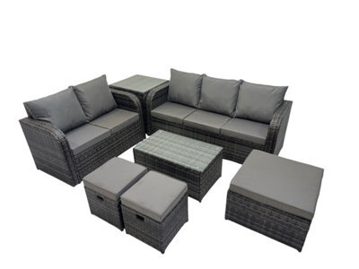 Fimous Outdoor Love Sofa 3 Seater Sofa Coffee Table Set Garden Rattan Furniture Set 8 Seater With Side Table 3 Stools Dark Grey - image 1