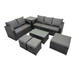 Fimous Outdoor Love Sofa 3 Seater Sofa Coffee Table Set Garden Rattan Furniture Set 8 Seater With Side Table 3 Stools Dark Grey - thumbnail 1