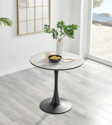 Furniturebox Elina White Marble Effect Round Pedestal Dining Table With Curved Black Support And 2 Navy Velvet Pesaro Silver Leg Chairs - thumbnail 2