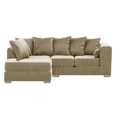Furnishings For Less UK Ella Boxed Arm Plush Velvet 3 To 4 Seater L Shaped Corner Sofa  Beige Left Hand Facing