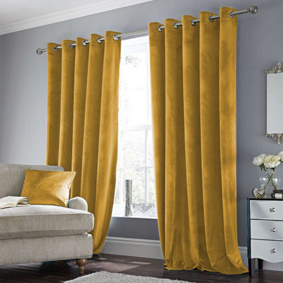 Ameha Ochre Velvet Curtain Ready Made Eyelet Blackout Thermal Insulated Living Room Curtain Pair 90''x90'' With Tiebacks - image 1