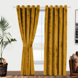 Ameha Ochre Velvet Curtain Ready Made Eyelet Blackout Thermal Insulated Living Room Curtain Pair 90''x90'' With Tiebacks - thumbnail 6