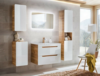Impact Furniture Bathroom Furniture Set 600mm Vanity Sink Unit Wall Cabinet Tallboy White Gloss Oak Arub - image 1