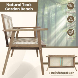 Costway Teak Wood Garden Bench 2-Person Patio Lounger Loveseat W/ Rattan Backrest & Seat - thumbnail 6