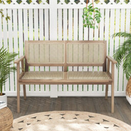 Costway Teak Wood Garden Bench 2-Person Patio Lounger Loveseat W/ Rattan Backrest & Seat - thumbnail 5
