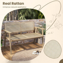 Costway Teak Wood Garden Bench 2-Person Patio Lounger Loveseat W/ Rattan Backrest & Seat - thumbnail 7