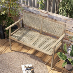 Costway Teak Wood Garden Bench 2-Person Patio Lounger Loveseat W/ Rattan Backrest & Seat - thumbnail 4