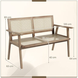 Costway Teak Wood Garden Bench 2-Person Patio Lounger Loveseat W/ Rattan Backrest & Seat - thumbnail 3
