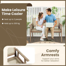 Costway Teak Wood Garden Bench 2-Person Patio Lounger Loveseat W/ Rattan Backrest & Seat - thumbnail 9