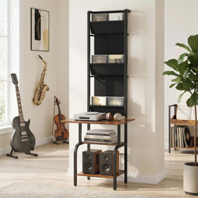Homcom Vinyl Record Player Stand With Oxford Pockets Rustic Brown And Black - image 1