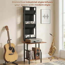 Homcom Vinyl Record Player Stand With Oxford Pockets Rustic Brown And Black - thumbnail 6