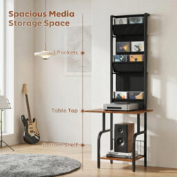 Homcom Vinyl Record Player Stand With Oxford Pockets Rustic Brown And Black - thumbnail 5