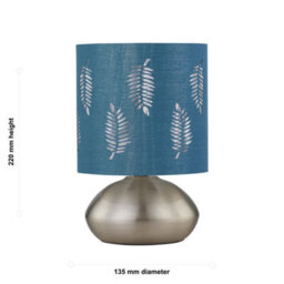 First Choice Lighting Jenson - Brushed Chrome Touch Table Lamp With Teal Fern Shade - thumbnail 6