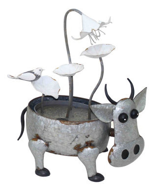 Outdoor Living UK Solar Metal Cow With Flowers Modern Metal Water Feature Without Cover