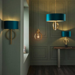 Antique Gold Table Lamp & Teal Satin Shade - Black Marble Base Desk Light - thumbnail 5