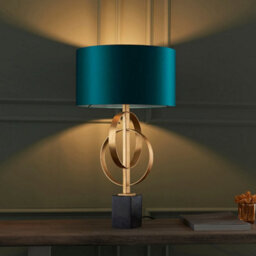 Antique Gold Table Lamp & Teal Satin Shade - Black Marble Base Desk Light - thumbnail 3