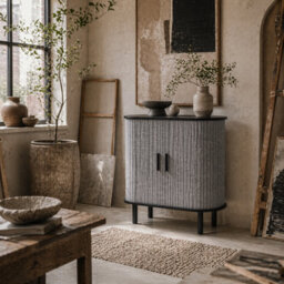 Wyld Haus Rafa Vela Grey Tambour Sideboard - Fluted Sliding Doors, Wooden Legs, 80Cm - thumbnail 1