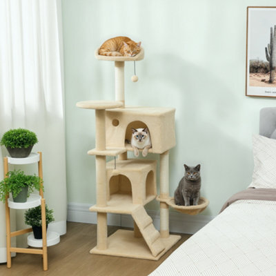 Pawhut 140Cm Cat Tree Tower With Sisal Scratching Posts, Condos, Beige - image 1