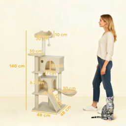 Pawhut 140Cm Cat Tree Tower With Sisal Scratching Posts, Condos, Beige - thumbnail 3