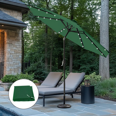 Sundaze Green 2.7M Round Garden Parasol Umbrella Tilt Crank With Led Solar Lights, Base And Green Cover - image 1