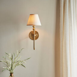 Luminosa Lighting Luminosa Santiago Brushed Aged Brass Plate Wall Light With Vintage White Fabric Ivy Shade 16Cm B22 - thumbnail 2