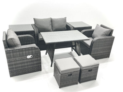 Fimous Outdoor Garden Furniture Set Rattan Sofa Dining Table Set With Reclining Chair 2 Small Footstool 2 Side Table Dark Grey - image 1